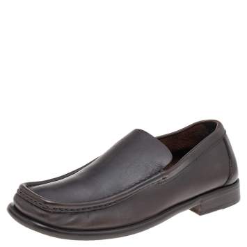 Pre Owned Gucci Dark Brown Leather Slip On Loafers Size 41.5