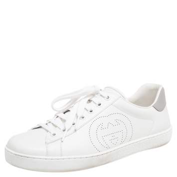 Pre Owned Gucci White Leather Interlocking G Ace Lace Up Sneakers Size 40