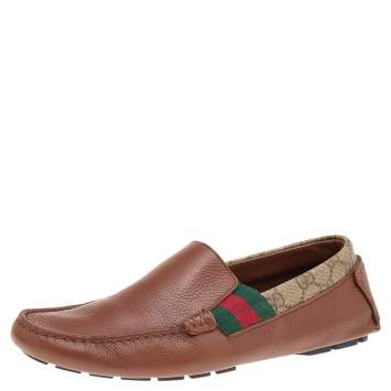 Pre Owned Gucci Brown Leather And GG Coated Canvas Web Detail Slip On Loafers Size 39.5
