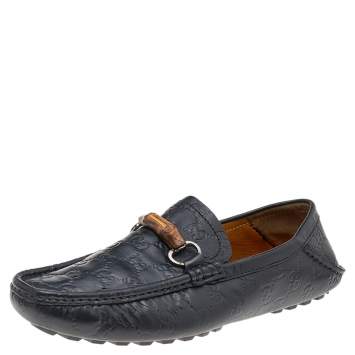 Pre Owned Gucci Black Guccissima Leather Bamboo Slip on Loafers Size 42.5