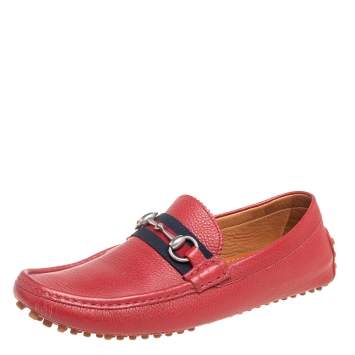 Pre Owned Gucci Red Leather Web Detail Horsebit Loafers Size 42