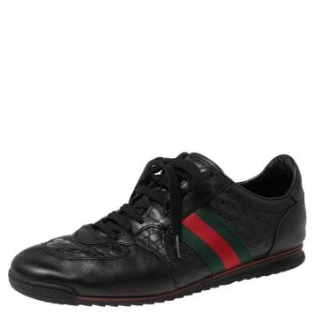 Pre Owned Gucci Black Microguccissima Leather Web Low Top Sneakers Size 43.5