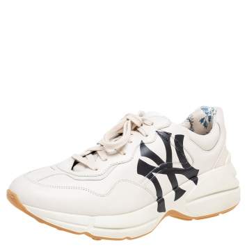 Pre Owned Gucci Mystic Cream Leather NY Yankees Rhyton Low-Top Sneakers Size 42