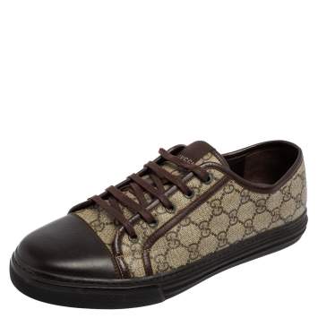 Pre Owned Gucci Brown Leather And Monogram Canvas Lace Up Sneakers Size 43.5