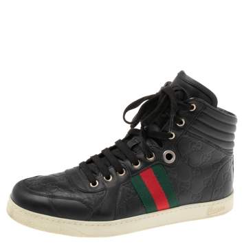 Pre Owned Gucci Black Guccissima Leather Web Detail High-Top Sneakers Size 41