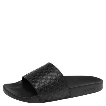 Pre Owned Gucci Black Guccissima Leather Flat Slides Size 41 