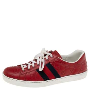 Pre Owned Gucci Red Guccissima Leather Ace Low Top Sneakers Size 43.5  