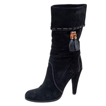 Pre Owned Gucci Black Suede Bamboo Tassel Mid Calf Boots Size 41