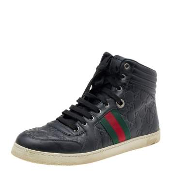 Pre Owned Gucci Black Guccissima Leather Web Detail High Top Sneakers Size 43.5