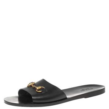 Pre Owned  Gucci Black Leather Horesebit Accent Flat Slippers Size 43
