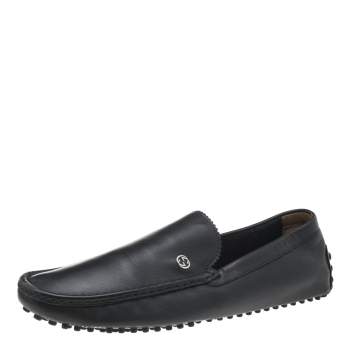 Pre Owned Gucci Black Leather Interlocking G Slip On Loafers Size 43