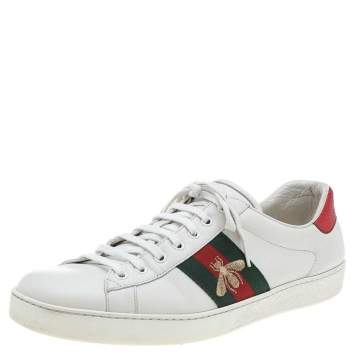Pre Owned Gucci White Leather Bee Embroidered Ace Low Top Sneakers Size 44