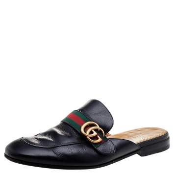 Pre Owned Gucci Black Leather GG Web Princetown Slide Mules Size 43