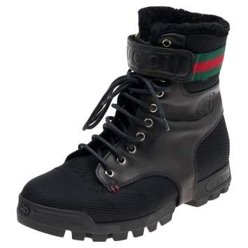 Pre Owned Gucci Black Knit Fabric And Leather Web Detail Ankle Length Boots Size 41