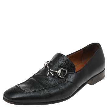 Pre Owned Gucci Black Leather Horsebit Slip on Loafers Size 40