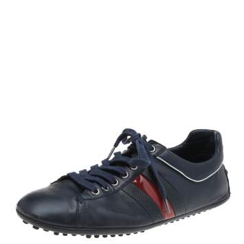 Pre Owned Gucci Navy Blue Leather Web Lace Up Driver Sneakers Size 42