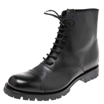 Pre Owned Gucci Black Leather Lace-Up Platform Combat Boots Size 44
