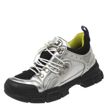 Pre Owned Gucci Silver/Black Leather and Mesh Flashtrek Sneakers Size 40.5