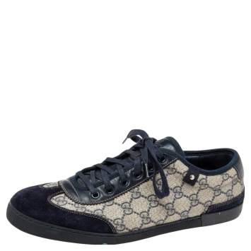 Pre Owned Gucci Navy Blue/Beige GG Supreme Canvas and Suede Low-Top Sneakers Size 42