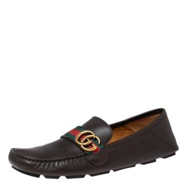 Pre Owned Gucci Dark Brown Leather GG Marmont Web Driver Loafers Size 42