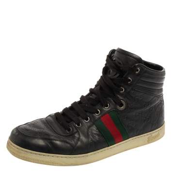 Pre Owned Gucci Black Guccissima Leather Web Detail High Top Sneakers Size 42