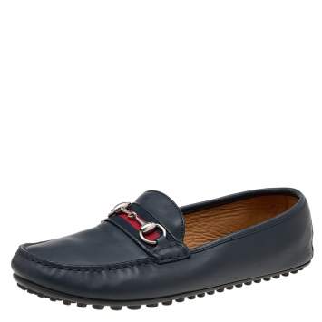 Pre Owned Gucci Navy Blue Leather Horsebit Web Slip On Loafers Size 42