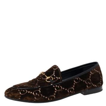 Pre Owned Gucci Brown GG Velvet Jordaan Loafers Size 40