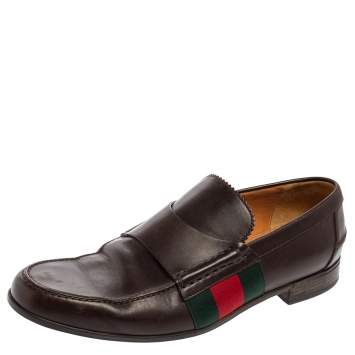 Pre Owned Gucci Brown Leather Web  Slip On Loafers Size 41.5