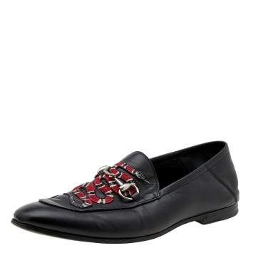 Pre Owned Gucci Black Leather Brixton Horsebit Snake Embroidered Loafers Size 42