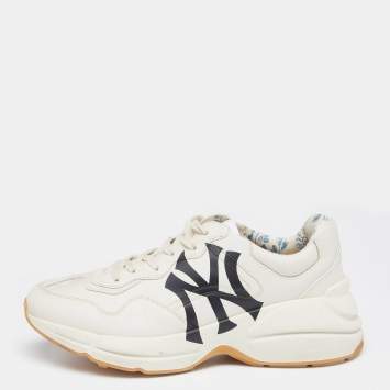Pre Owned Gucci Off White Leather Rhyton NY Yankees Low Top Sneakers Size 41