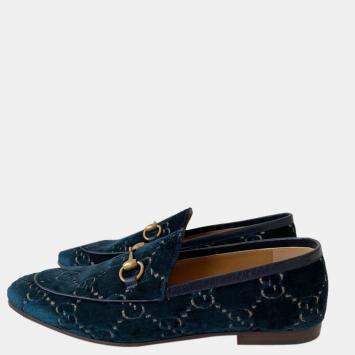 Pre Owned Gucci Blue GG Velvet Jordaan Loafers Size US 8 
