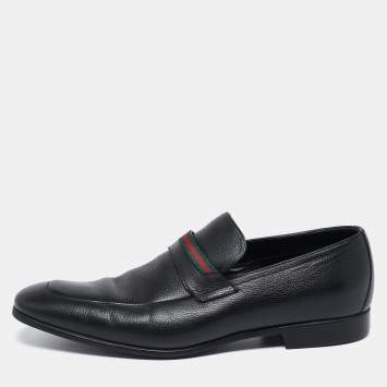 Pre Owned Gucci Black Leather Web Slip On Loafers Size 41.5