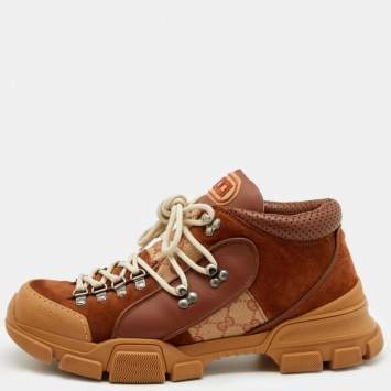 Pre Owned Gucci Brown GG Canvas And Suede Flashtrek Low Top Sneakers Size 44