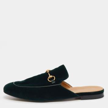 Pre Owned Gucci Green Velvet Princetown Horsebit Mule Sandals Size 45