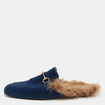 Pre Owned Gucci Blue Velvet and Fur Lined Horsebit Princetown Mule Sandals Size 45