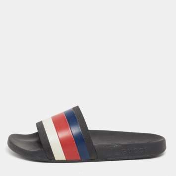 Pre Owned Gucci Multicolor Rubber Web Flat Slides Size 43