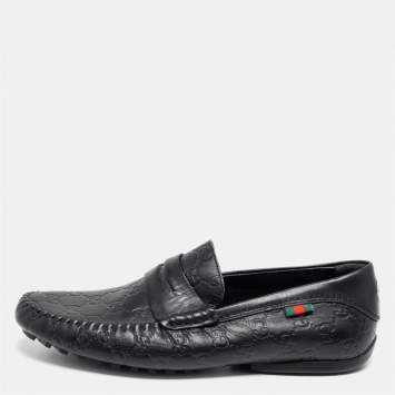Pre Owned Gucci Black Guccissima Leather Interlocking G Penny Loafers Size 41
