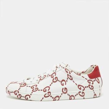 Pre Owned Gucci White/Red Leather Ghost GG Ace Low-Top Sneakers Size 41