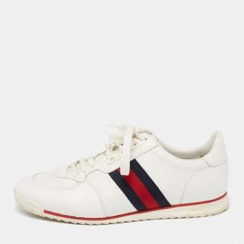 Pre Owned Gucci White Micro Guccissima Leather Torino Web Detail Low Top Sneakers Size 43