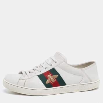 Pre Owned Gucci White Leather Ace Web Low Sneakers Size 41.5
