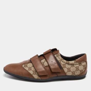 Pre Owned Gucci Guccissima Beige/Brown Canvas and Leather Velcro Sneakers Size 44