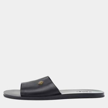 Pre Owned Gucci Black Leather Hysteria Crest Logo Flat Slide Sandals Size 41.5