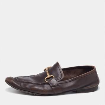 Pre Owned Gucci Dark Brown Leather Jordaan Horsebit Slip On Loafers Size 44