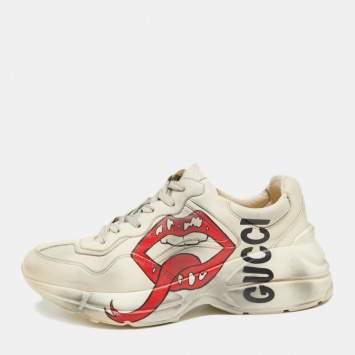 Pre Owned Gucci Off White Leather Rhyton Sneakers Size 40
