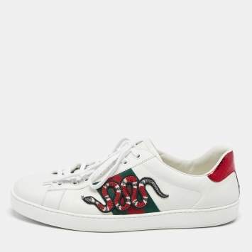Pre Owned Gucci White Leather Ace Snake Sneakers Size 43