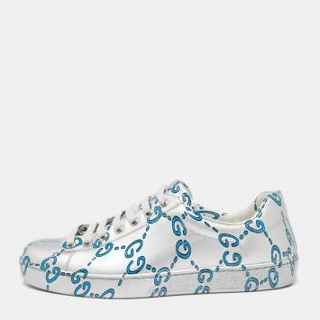 Pre Owned Gucci Silver Patent Leather Ace GG Ghost Sneakers Size 40