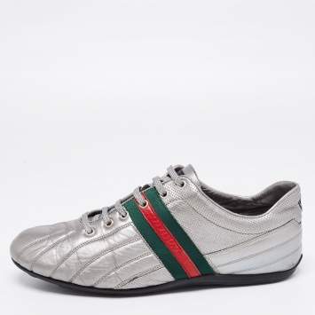 Pre Owned Gucci Metallic Grey Leather Web Low-Top Sneakers Size 42.5