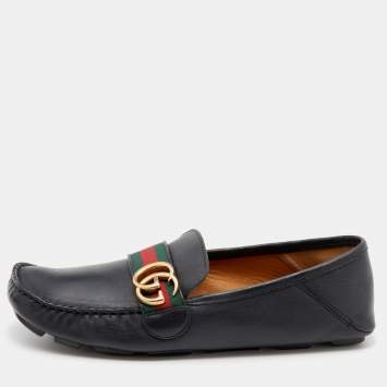 Pre Owned Gucci Black Leather GG Marmont Web Driver Slip On Loafers Size 40
