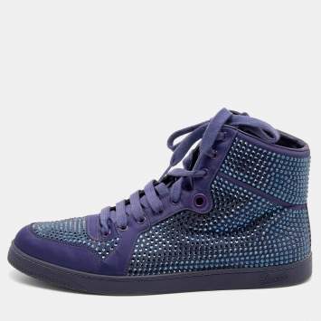 Pre Owned Gucci Purple Crystal Embellished Satin And Leather High Top Sneakers Size 43.5