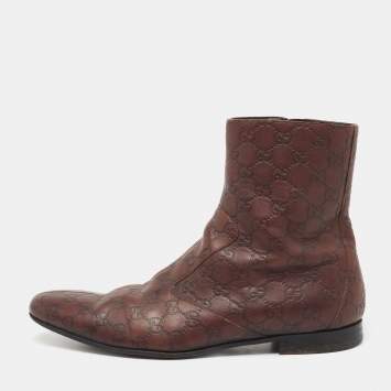Pre Owned Gucci Dark Brown Guccissima Leather Ankle Length Boots Size 44